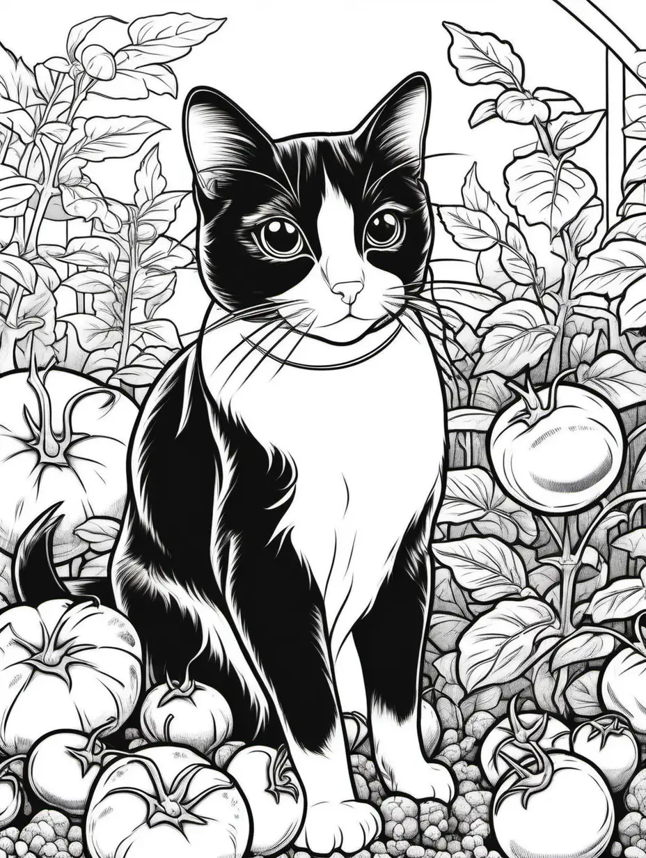 Kids coloring book, tuxedo breed cat in tomato garden
