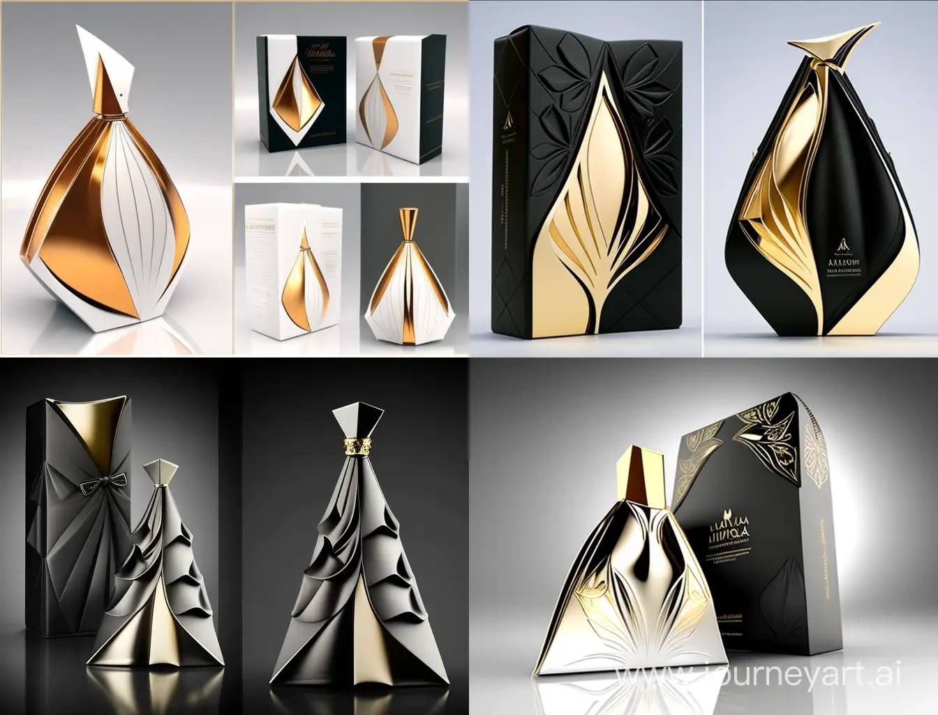 Create a visually striking packaging design for a fragrance bottle with a distinctive triangular shape. The exterior of the packaging should reflect elegance and uniqueness. Additionally, incorporate a detailed design for the main bottle, ensuring it complements the overall aesthetic. Inside the packaging, visualize a smaller bottle for the fragrance, with a captivating design. Pay attention to the seamless integration of the outer packaging and the inner bottle, emphasizing a cohesive and visually appealing presentation.