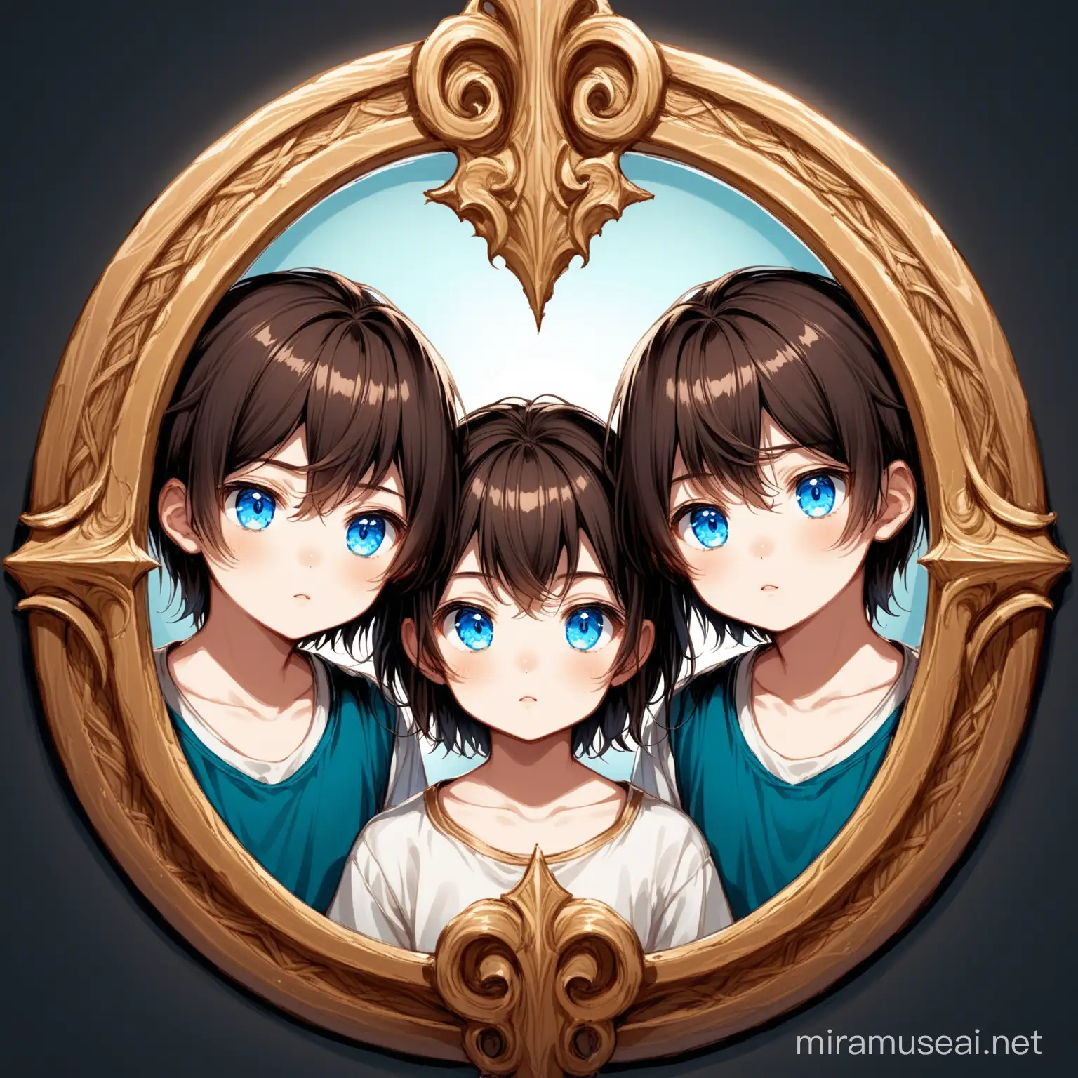 A twin boy and a twin girl on each side or  an ancient mirror. they look identical with blue eyes and messy dark brown hair.
