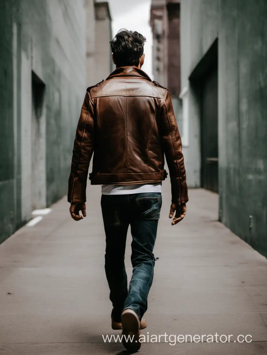 man in brown leather jacket walking away