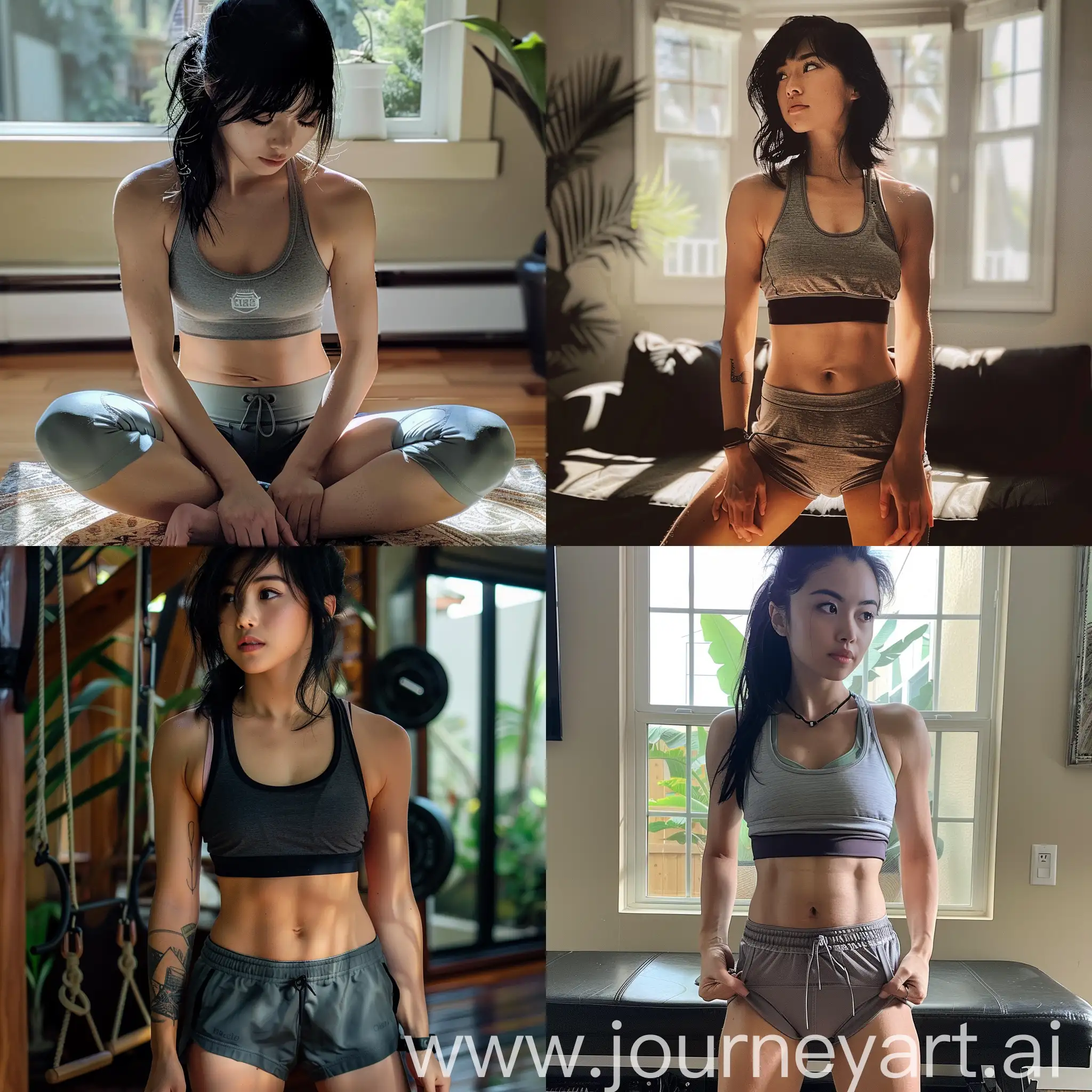 A girl with black hair, athletic build, doing home fitness, in short shorts, tank top --v 6 --ar 1:1 --no 52654
