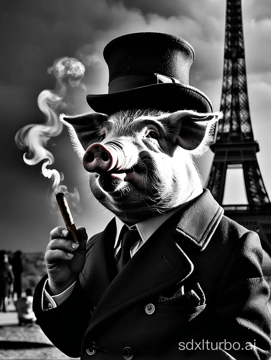 Humanoid pig in an elegant black trench coat smoking a cigar at the Eiffel Tower during the 1980s. Cinematographic shot with great detail highlighting highlights and shadows. classic movies, mystery. The Godfather by Francis Ford Coppola. texture detail, high quality, hyperrealistic. black and white. https://oscarenfotos.com/2014/03/22/galeria-100-fotos-indispensables/. dim light. Medium short cinematic shot. closeup of humanoid pig. smoke. Anthropomorphic pig with a cigarette. monochrome