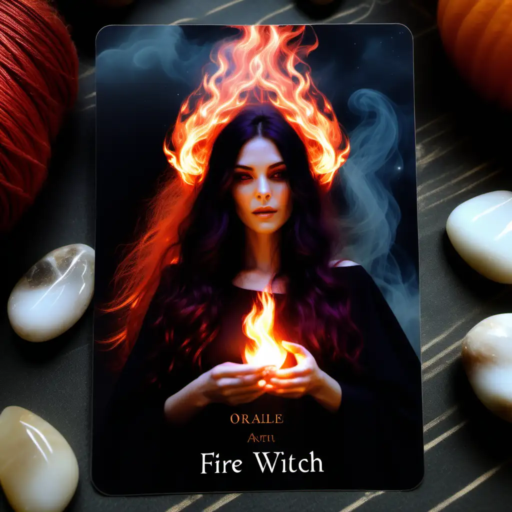 Fire witch 
ethereal mystical realistic Oracle card 