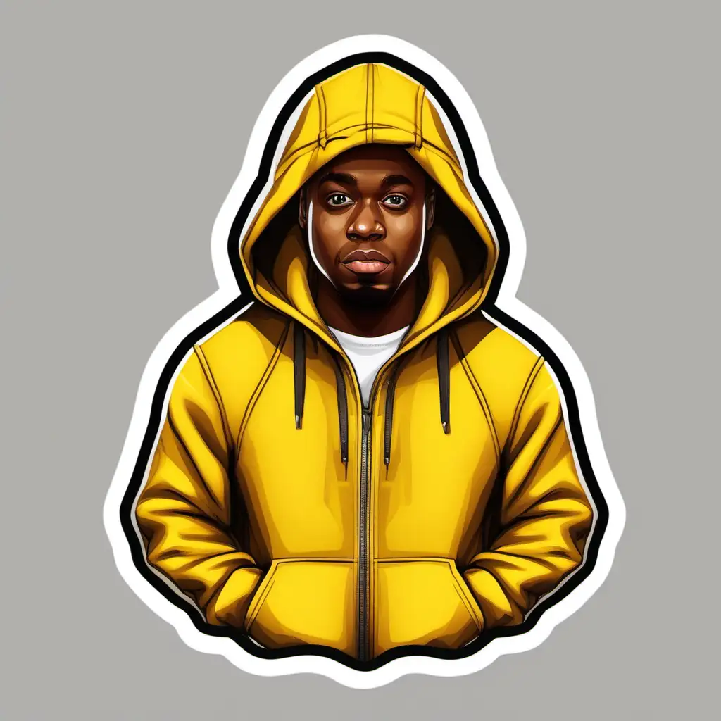 cartoon Roadman in a Yellow tech fleece with his hood up as a sticker icon with a clear background