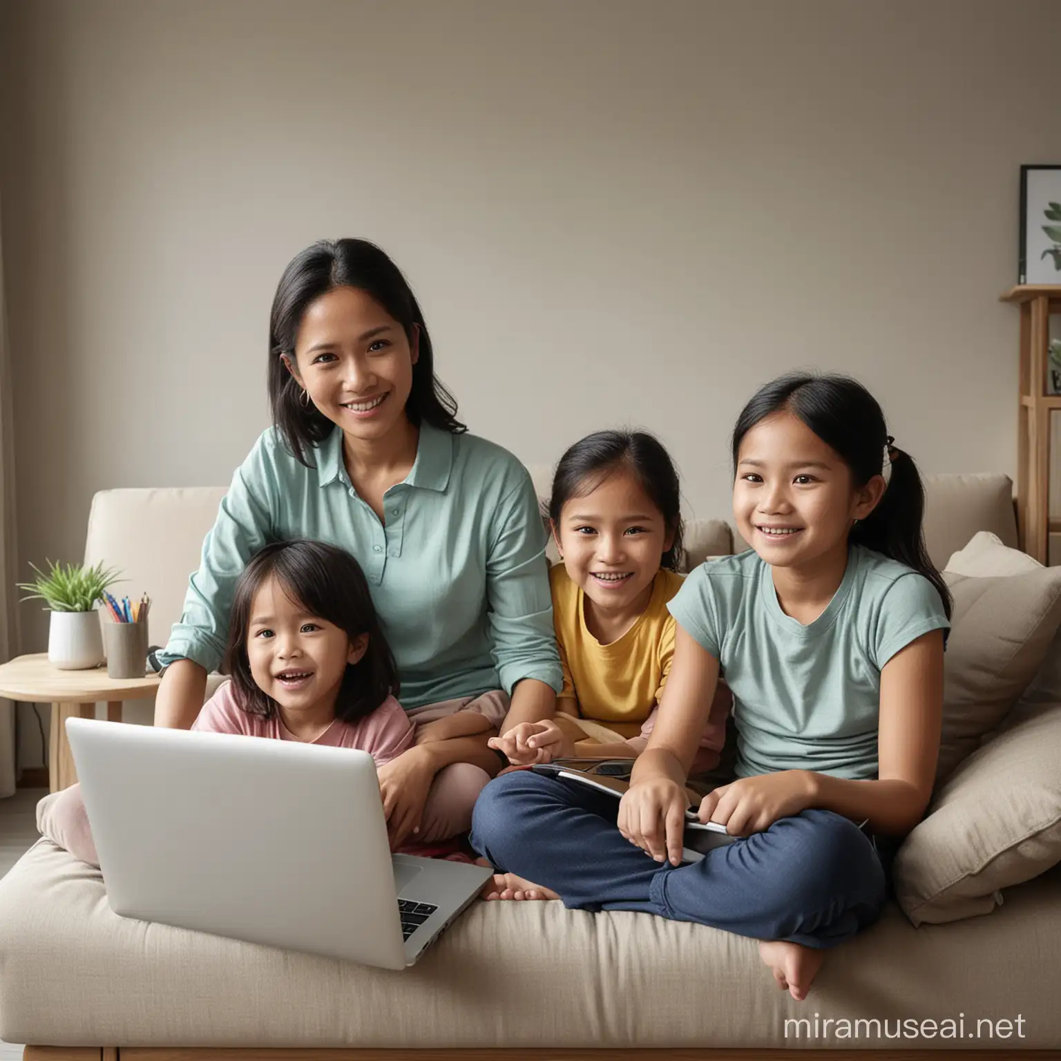 create realistic HD image, indonesian mother with 2 kids in living room, mother is doing online business with her laptop, children are studying on the back ground sitting on the couch using their HP

