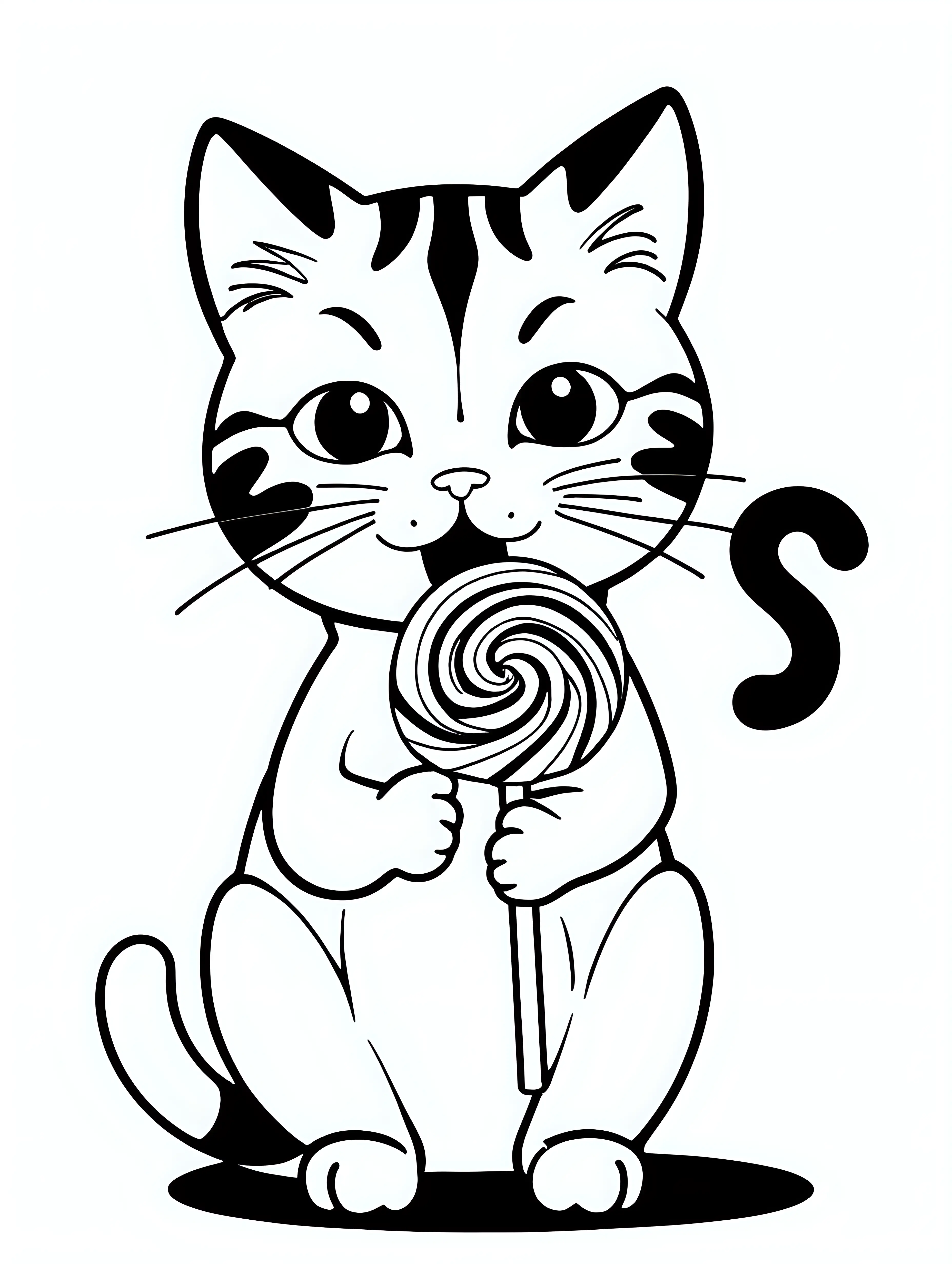 Black And white coloring image of a cute kawaii cat eating a candy lollipop, black lines white background black and white only