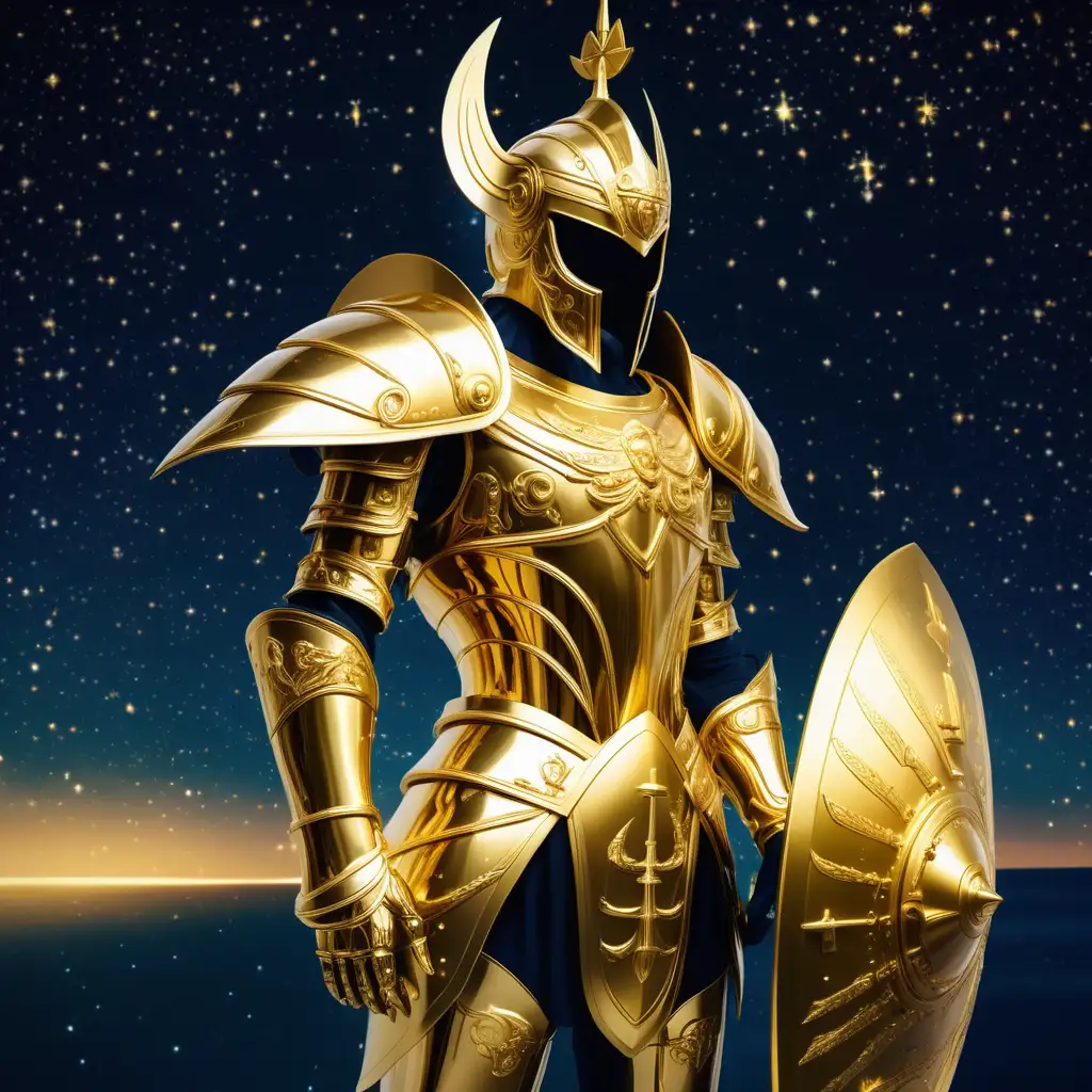 fit man, golden armor shaped like a trireme ship, golden full helmet, trireme ship motif, Saint Seiya, night sky, argo navis constellation