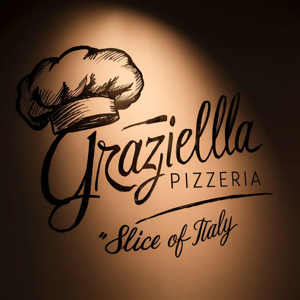 Handwriting Graziella Pizzeria Logo Italian Colors Quote Slice of Italy Chef Hat Sketch Elegant Typography Cozy Atmosphere Moody Light
