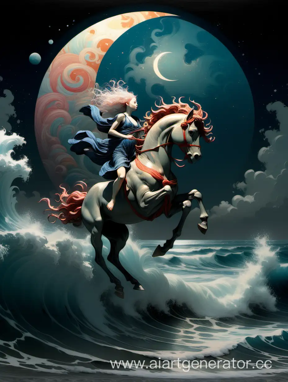 Chiron Mythical Centaur runs through ocean beach By James Jean, Jean Baptiste Monge, Jeremy Mann in intricate, hyperrealism, elaborate, elegant, high epic waves like hokusai :: clouds in front of colorful celestial moon 
