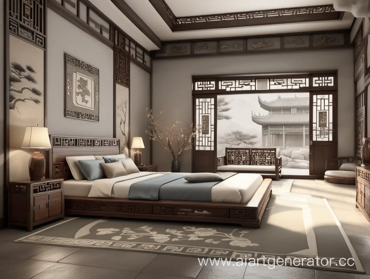 Просторная  комната в стиле древнего Китая в серых и коричневых тонах, без кровати 