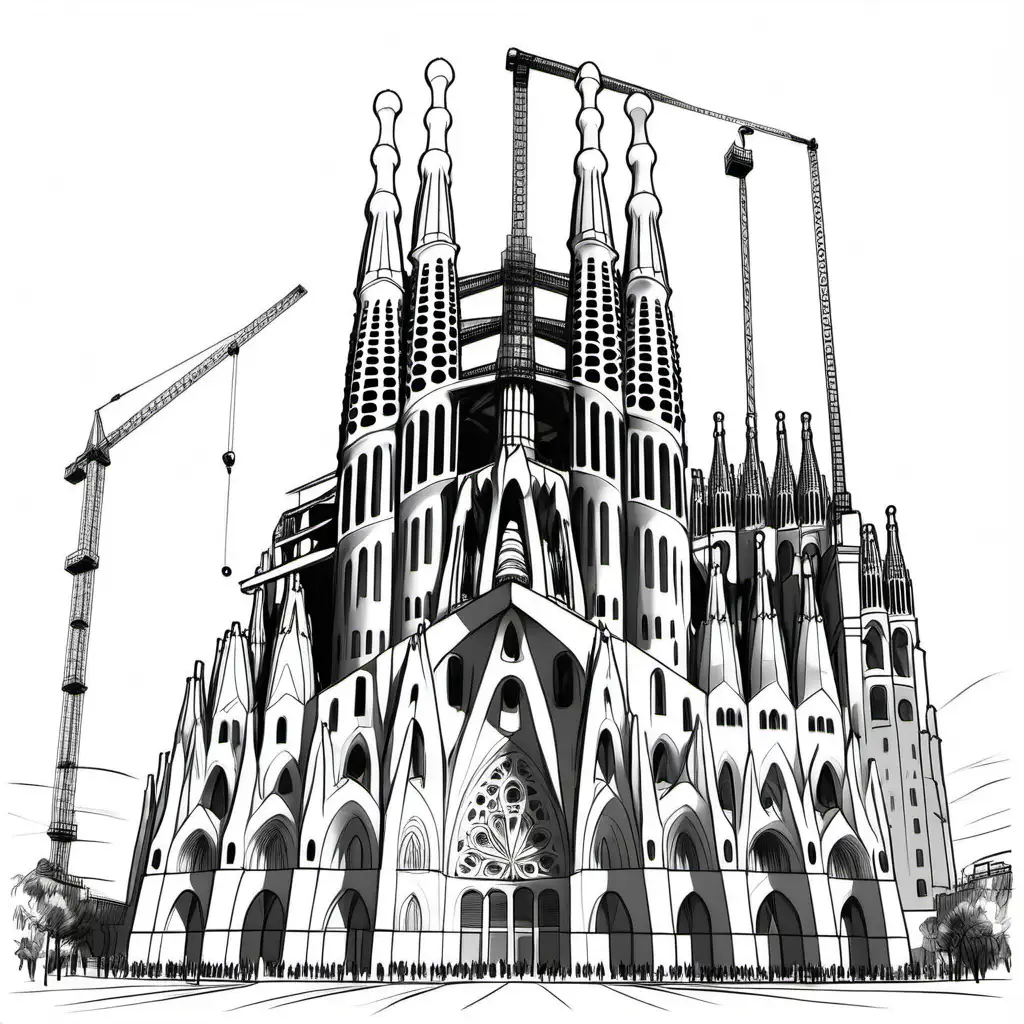 Create a hand sketch of sagrada familia under construction.



All the drawing should fit in the image.
No colors. White background. No shades. Background : FFFFFF