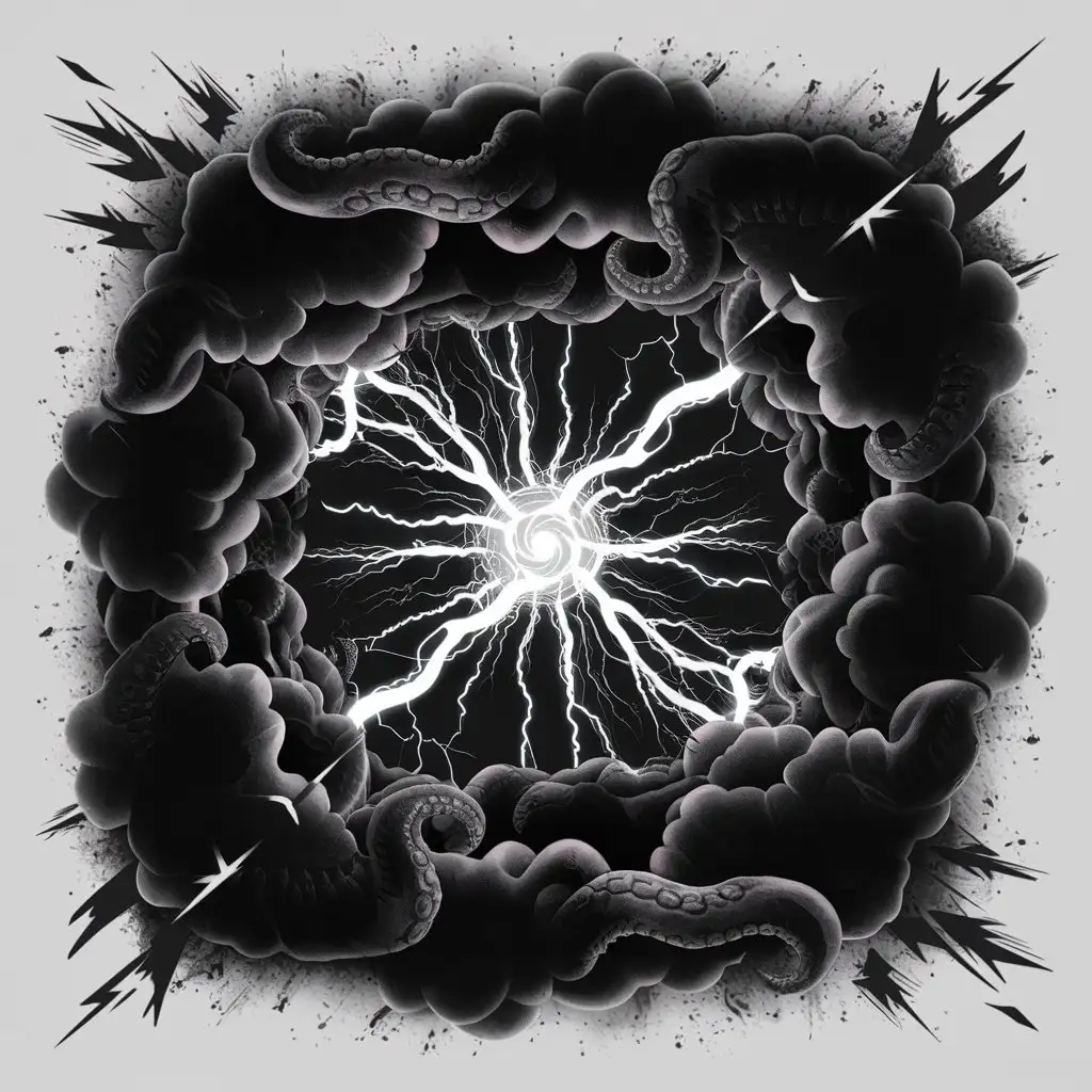 Horror tattoo lineart, masterpiece, dark black clouds lineart, evil thick tentacles, explosive circular lightning explosive chaos,  blackwork,  black, explosive Lightning circular pattern , chaos, stencil,  monochromatic, high contrast, white background