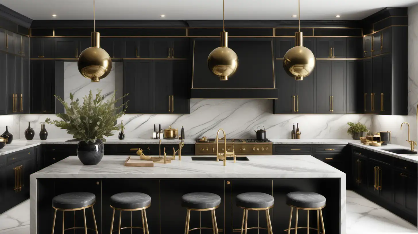 a hyperrealistic image of a Modern Neo-Classical kitchen ; warm white walls; black cabinets; brass fixtures; grey quartzite slabs

