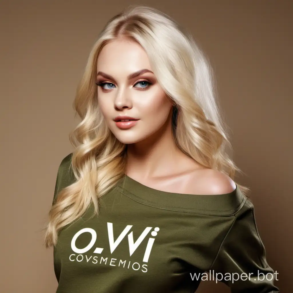 Блондинка Красавица рекламирует косметику OLVI, на одежде логотип Овсянникова ШОП