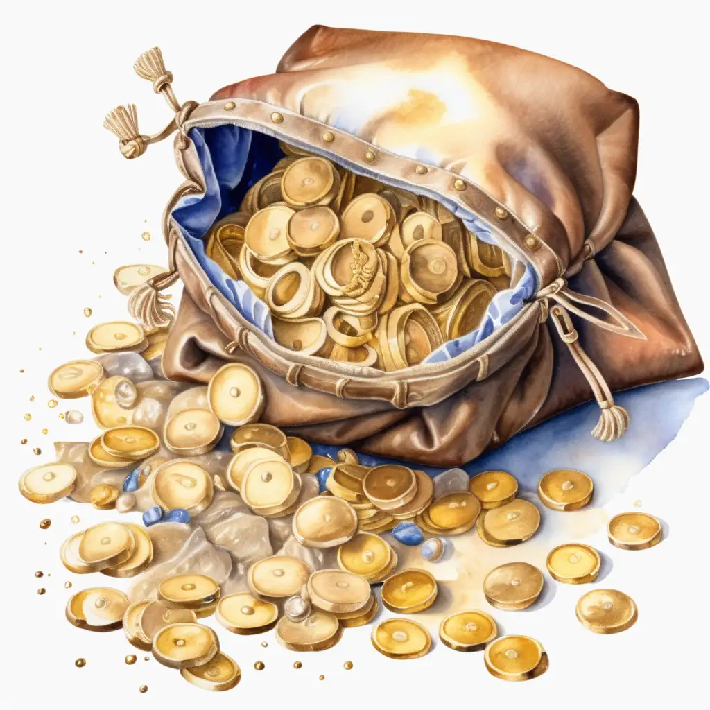 medieval pouch overflowing with gold, watercolor, no background