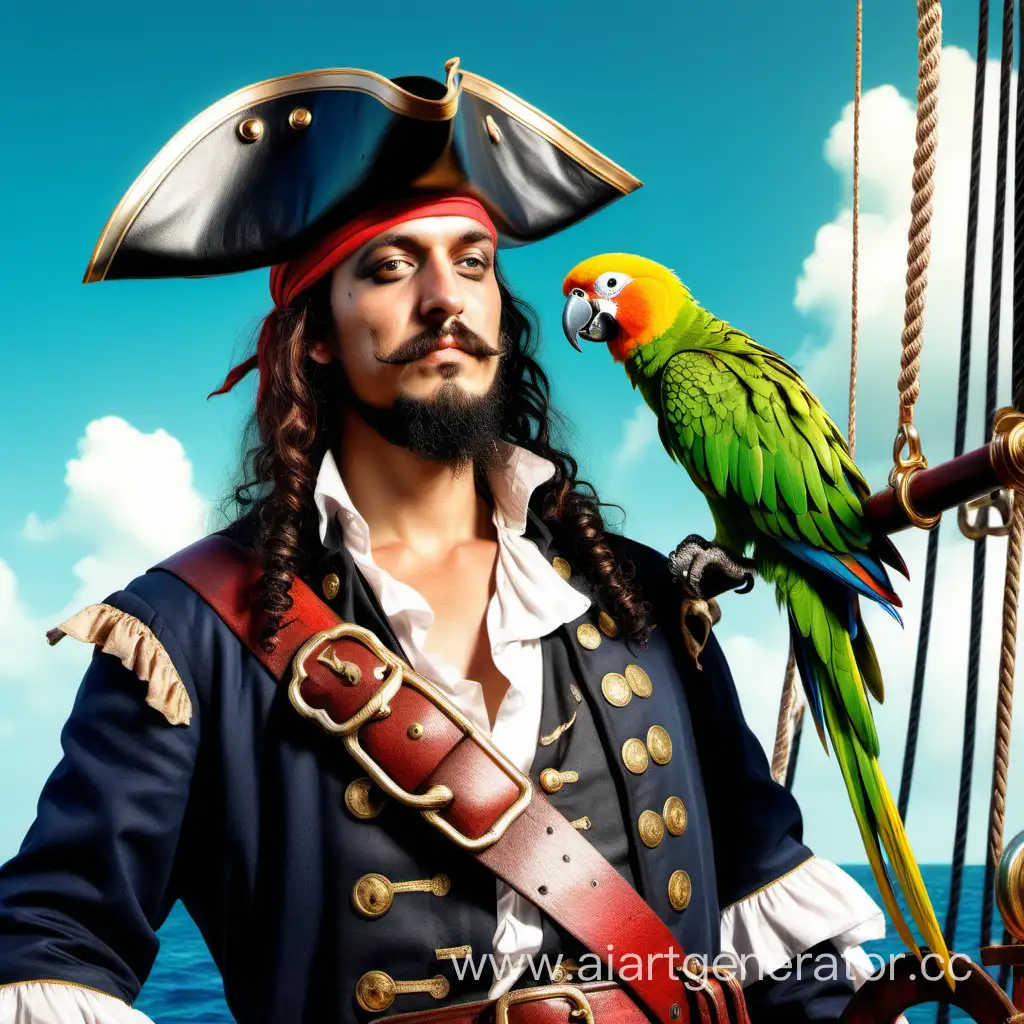 a pirate ship captain with a parrot on the shoulder