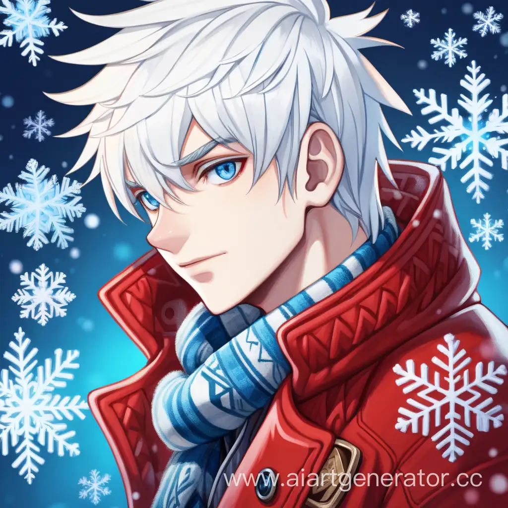 Молодой парень мороз с белыми волосами и голубыми глазами в красной шубе с узорами