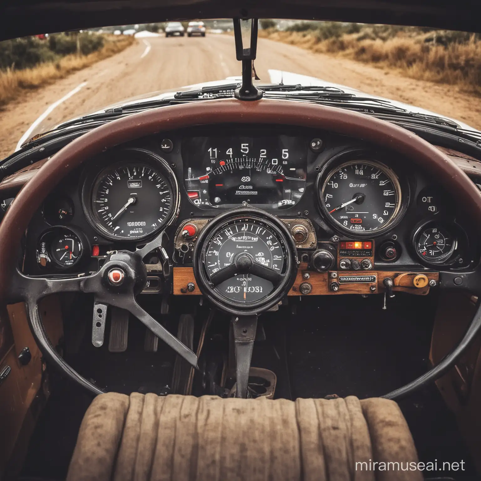 Vintage Rally Car Dashboard View from Drivers Chest