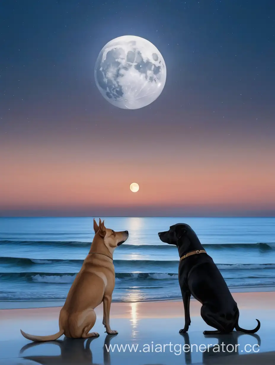  луна сумерки  две собаки и океан  
