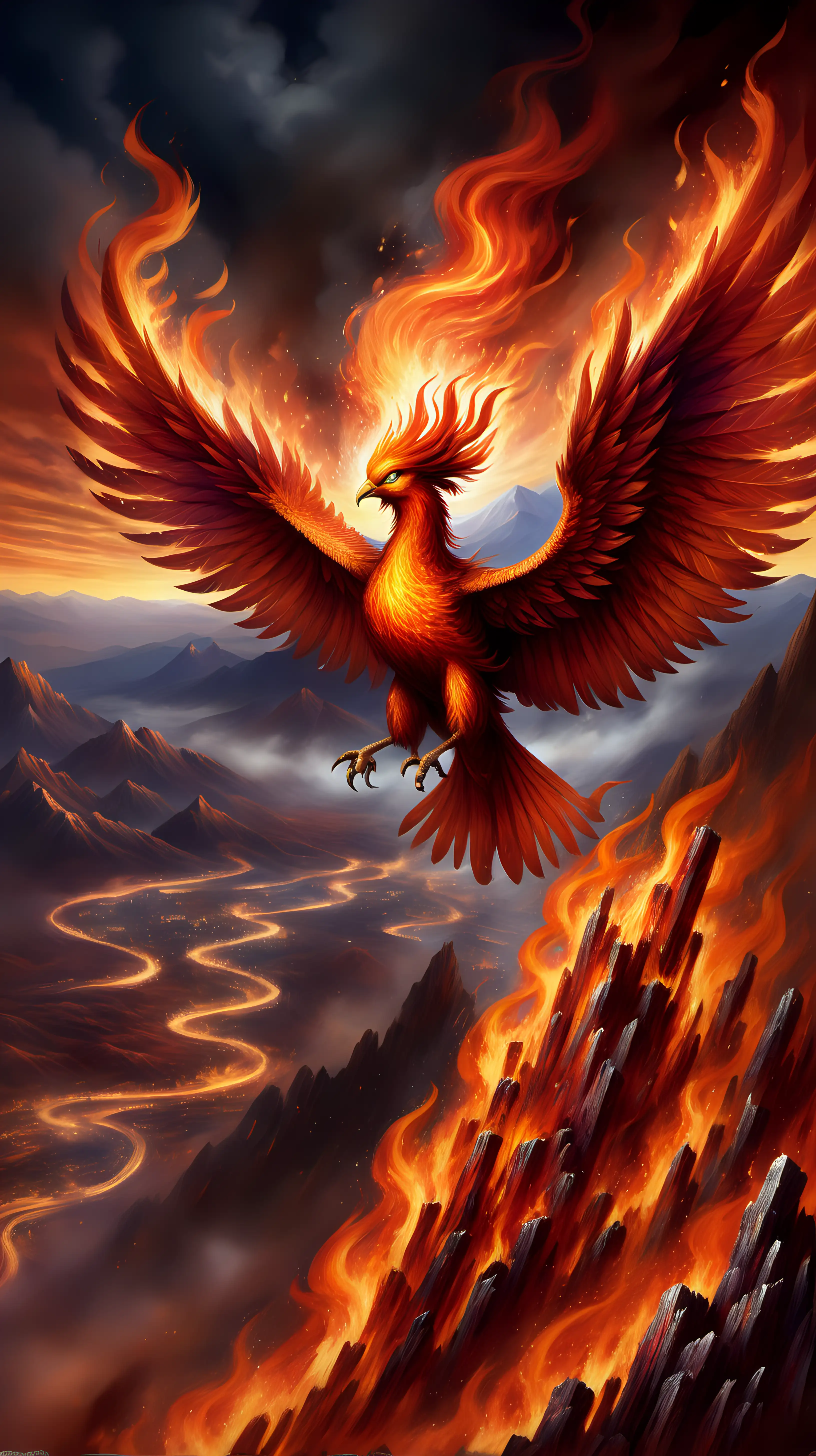 phoenix flying, rising from ashes,  with fire, mountains
