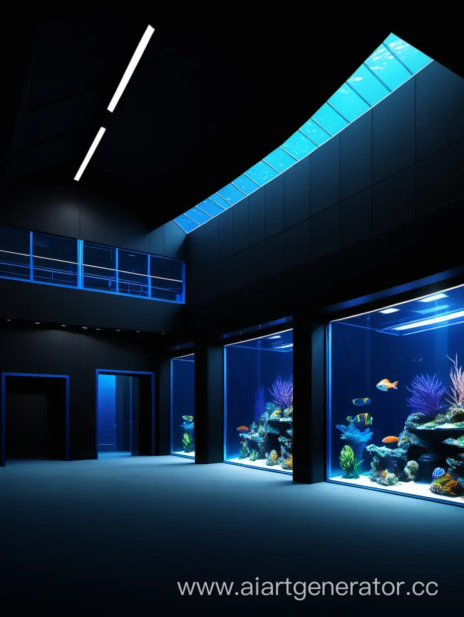 Нарисуй здание океанариума изнутри, с чёрными стенами, с годубым светом, с большим залом