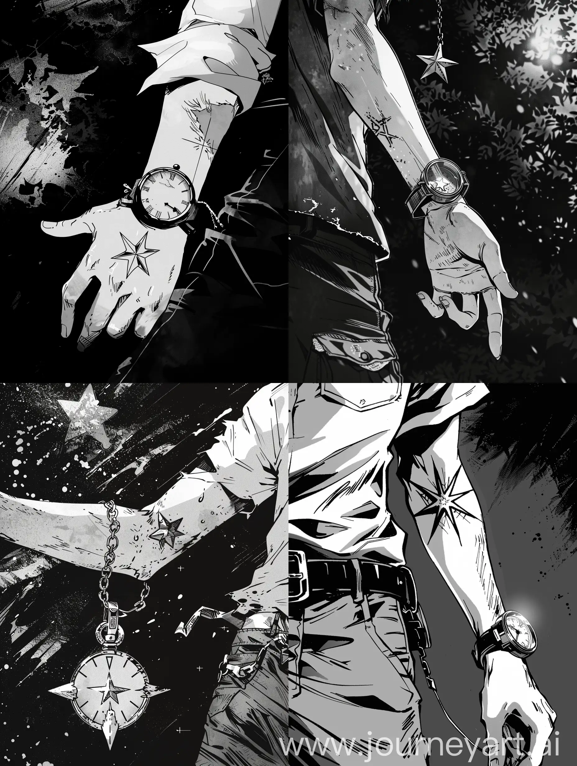 The time amulet in the guy's hand, there's a star-shaped scar on his arm, manga style.