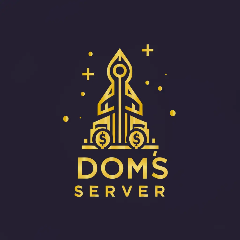 a logo design,with the text "Dom's Server", main symbol:rocket with man and money with gold details and really futuristic,complex,be used in Finance industry,clear background