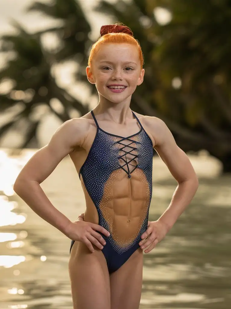 8 years old rhytmic gymnast girl, ginger hair, very muscular abs, showing belly, string swimsuit at the beach