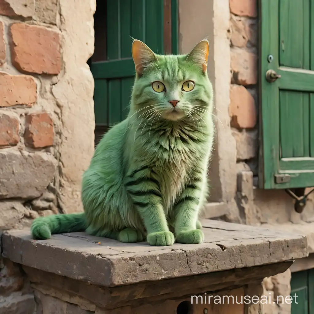 green cat sits on the hatch. quiet street of an old provincial town