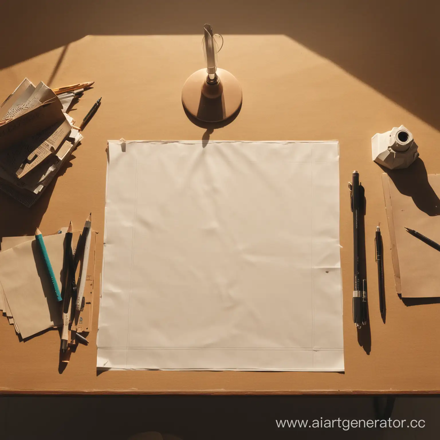 Overhead-View-of-Sunlit-Writing-Desk-with-Album-Paper-and-Writing-Tools