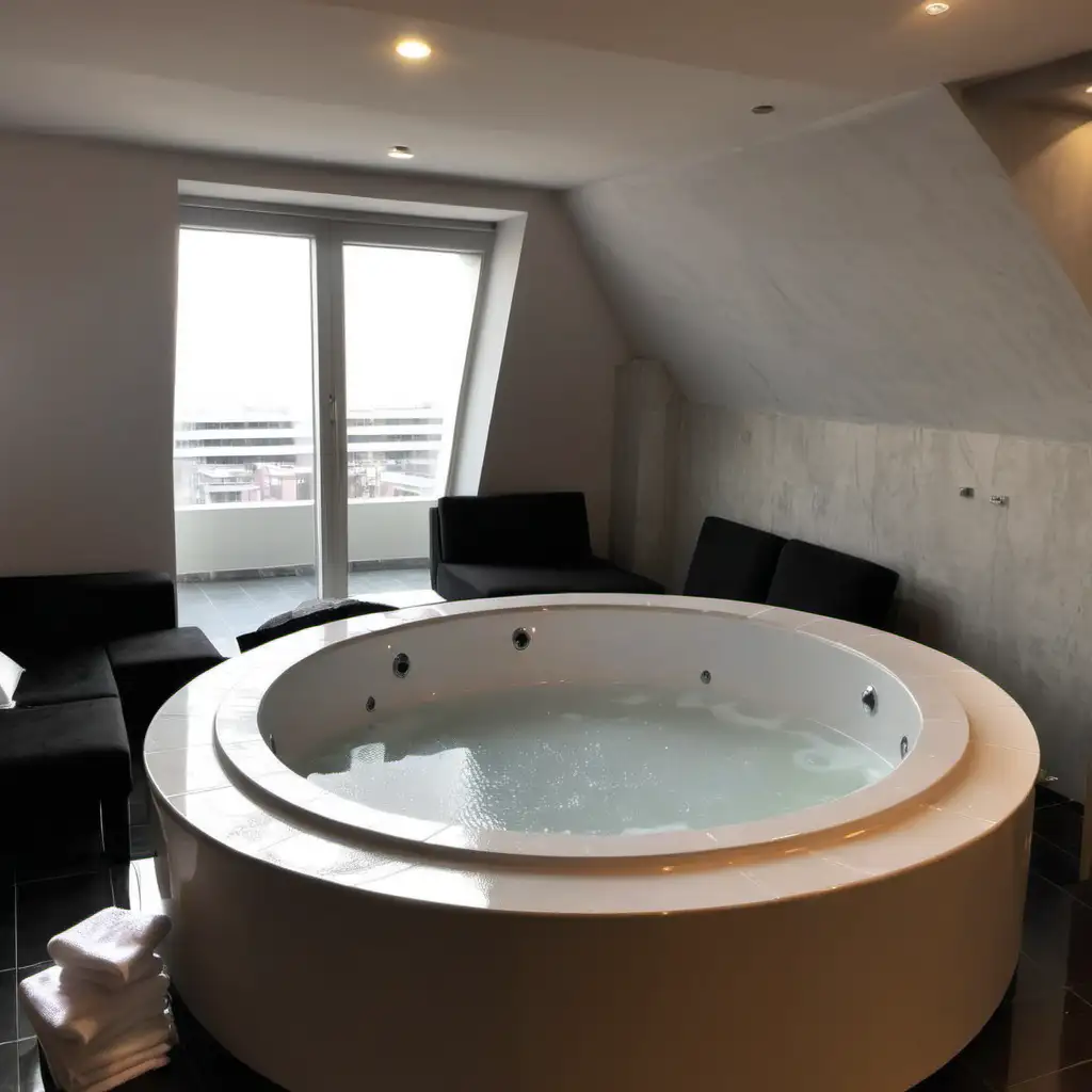 big jacuzzi bath inside apartment, round bath, first sight