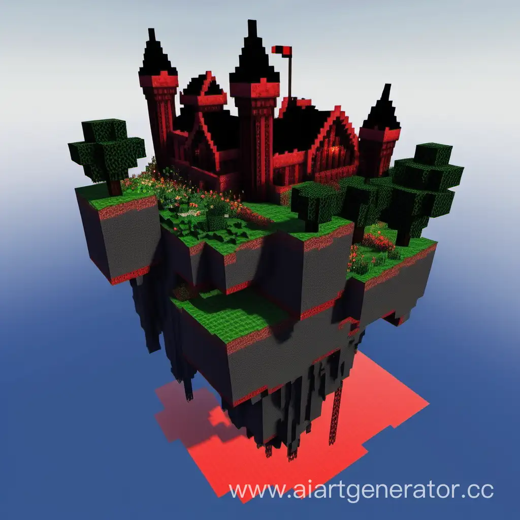 Minecraft парящий остров с замком с использованием красно-чёрных оттенков
и модов