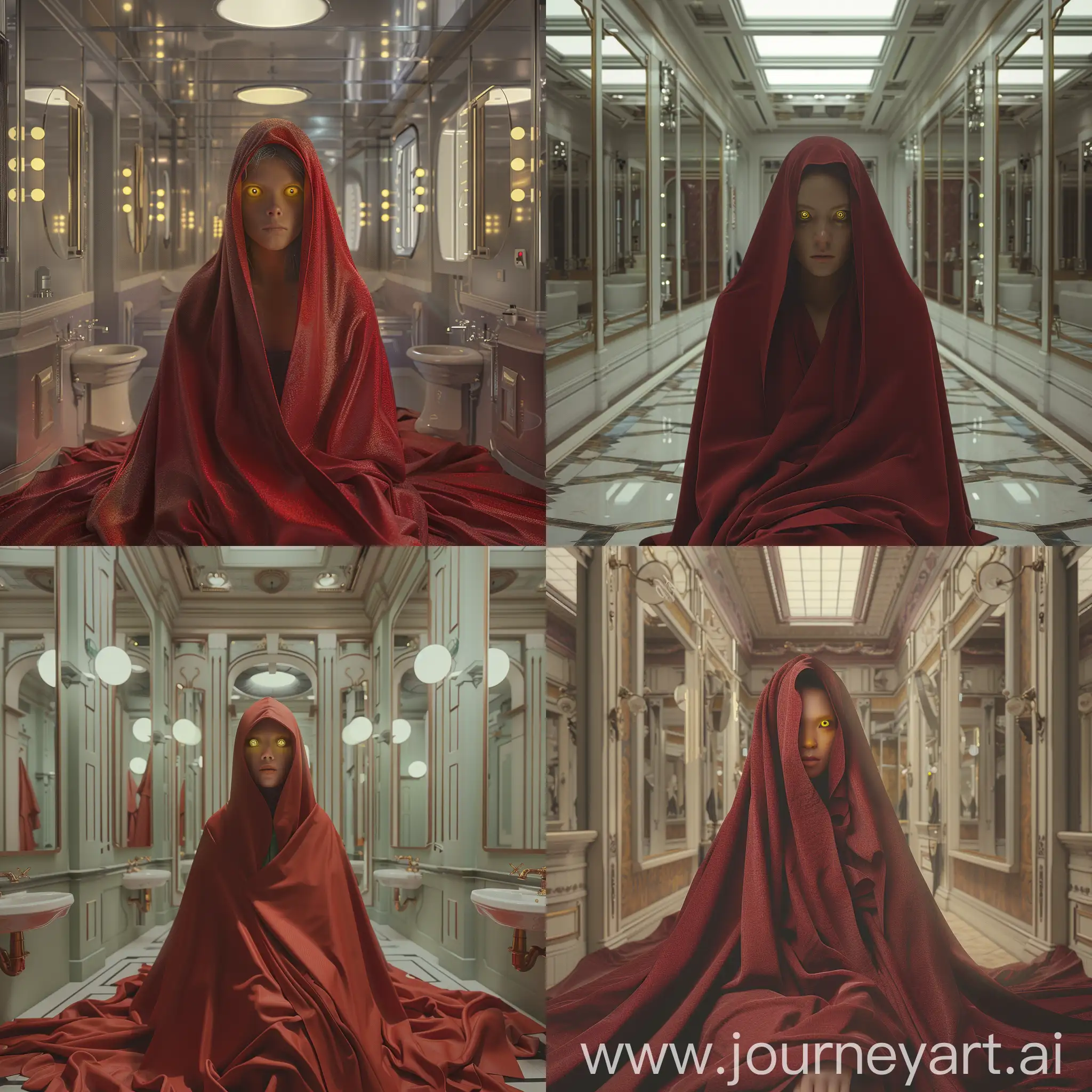 Mysterious-Woman-in-Red-Cloak-Amidst-Mirrored-Ambiance