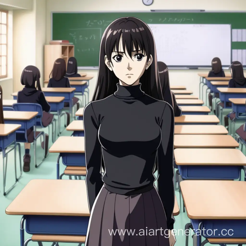 Темноволосая девушка в черной водолазки стоит в классе где много людей. Картинка в стиле аниме