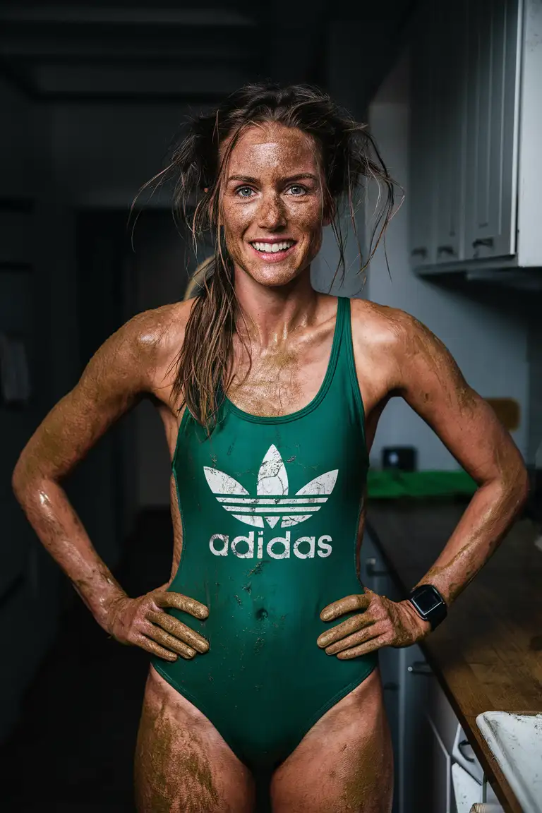 A 35-year-old beautiful Nordic woman wearing an Adidas green dirty high-leg-cut competition one-piece-swimsuit, smeared with mud. She is hot and sweaty. She is not wearing makeup. Her hair is very long. She is standing in a kitchen. She looks shy but smiles. Full body view, seen from behind