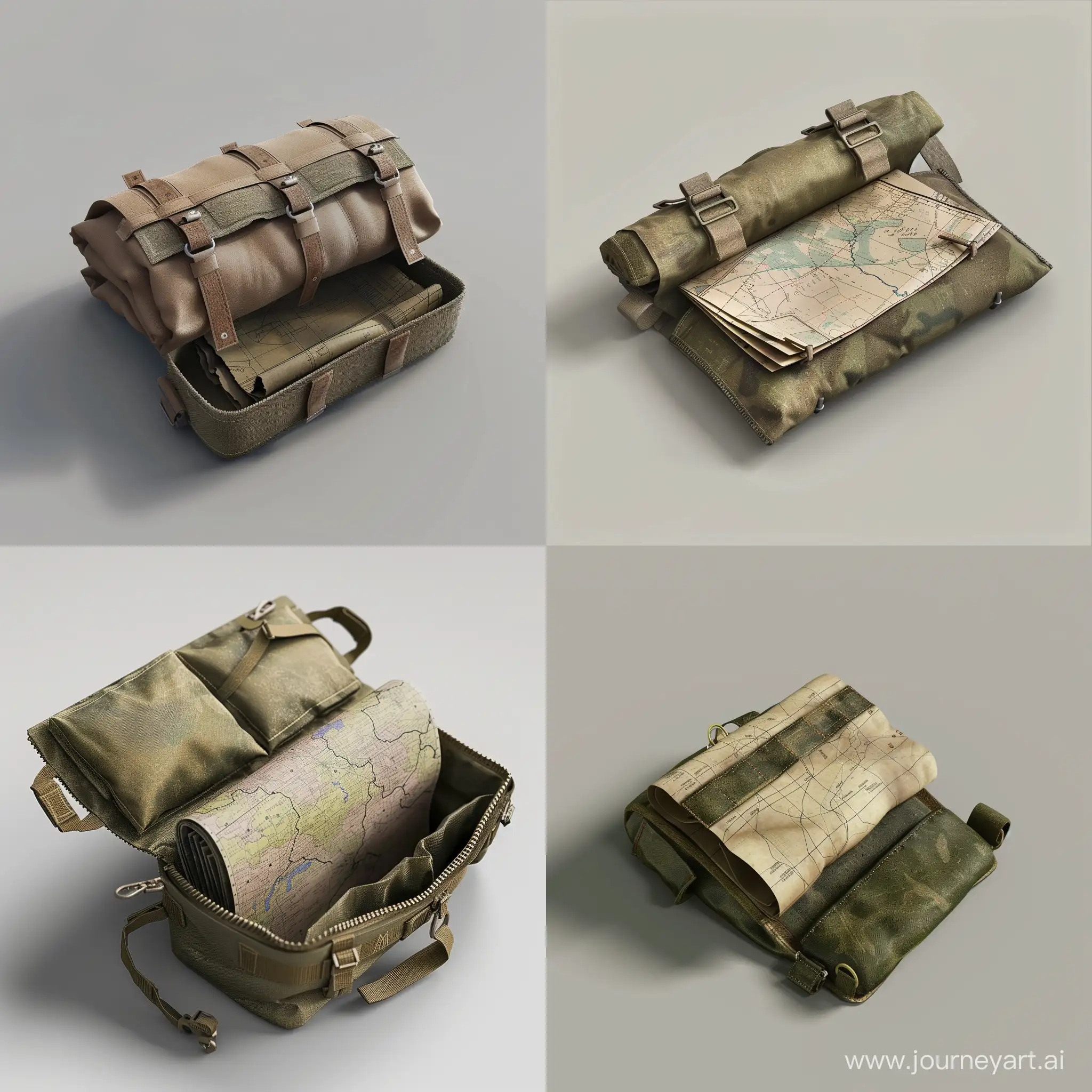 isometric military mapping kit folded paper in small opened military pouch, 3d render, no background, stalker style