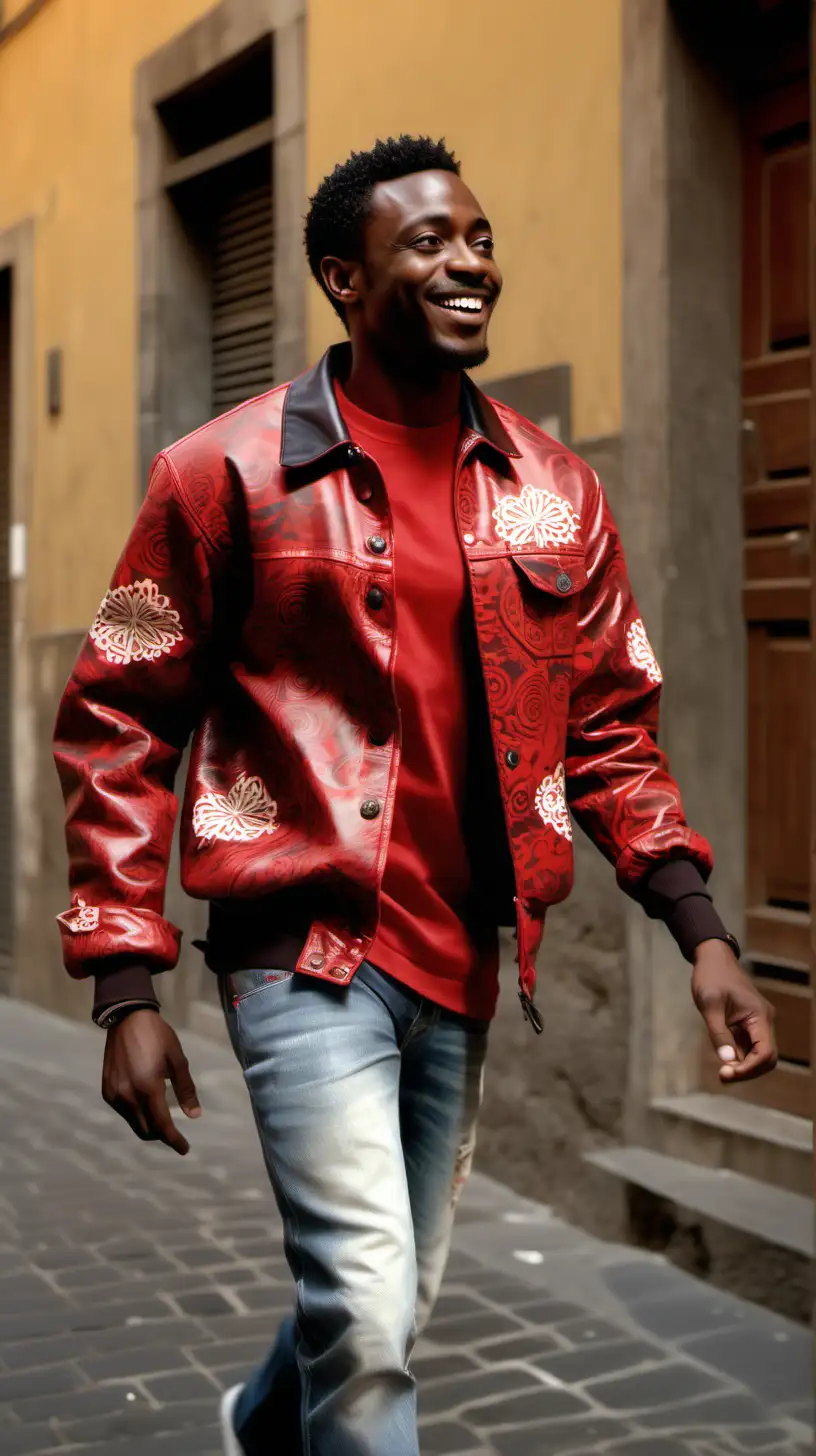 close up of joyful, Handsome African American man, wearing low hair style, wearing Red, African print Truckers jacket, wearing a white, crew neck tee shirt, wearing camouflage denim, Walking in front of a Bakery in Florence Italy, volumetric light source from top left, Extremely detailed ultra4k, high definition, 