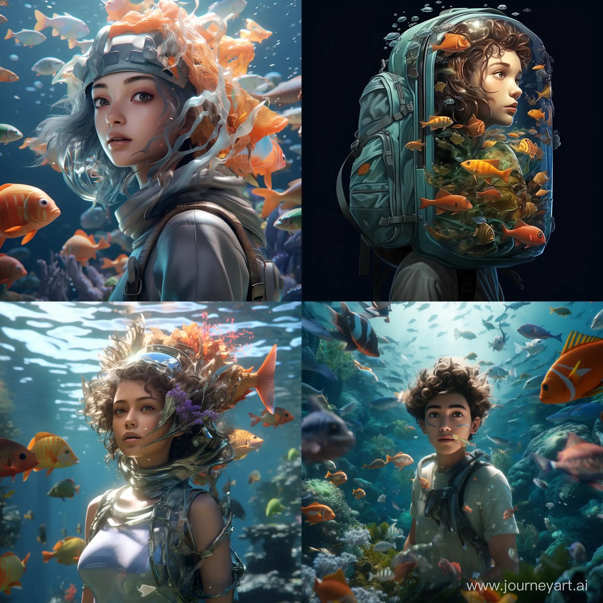 One 3d anime ruck .swims with sea creatures.face infront