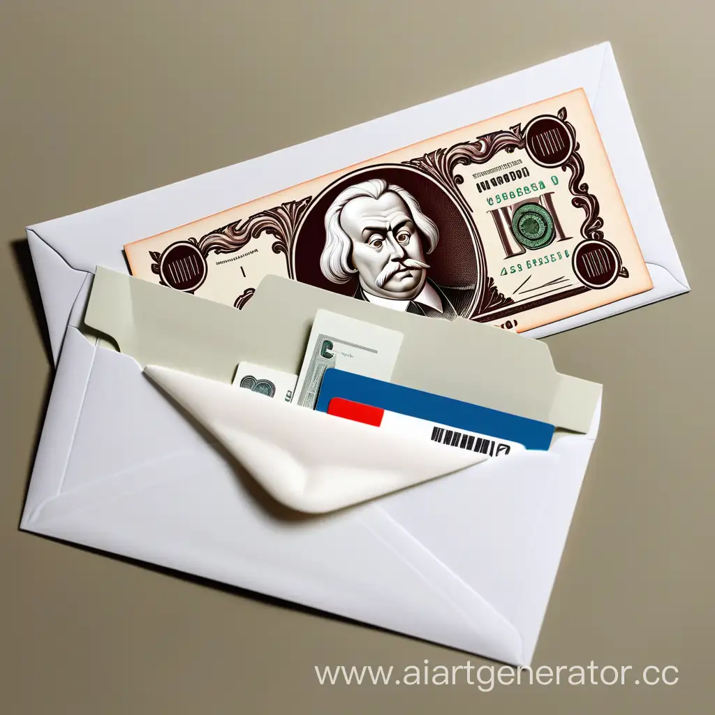 изображение с конвертом, который разделяется на две части - одна с изображением российских денег, а другая с открыткой.