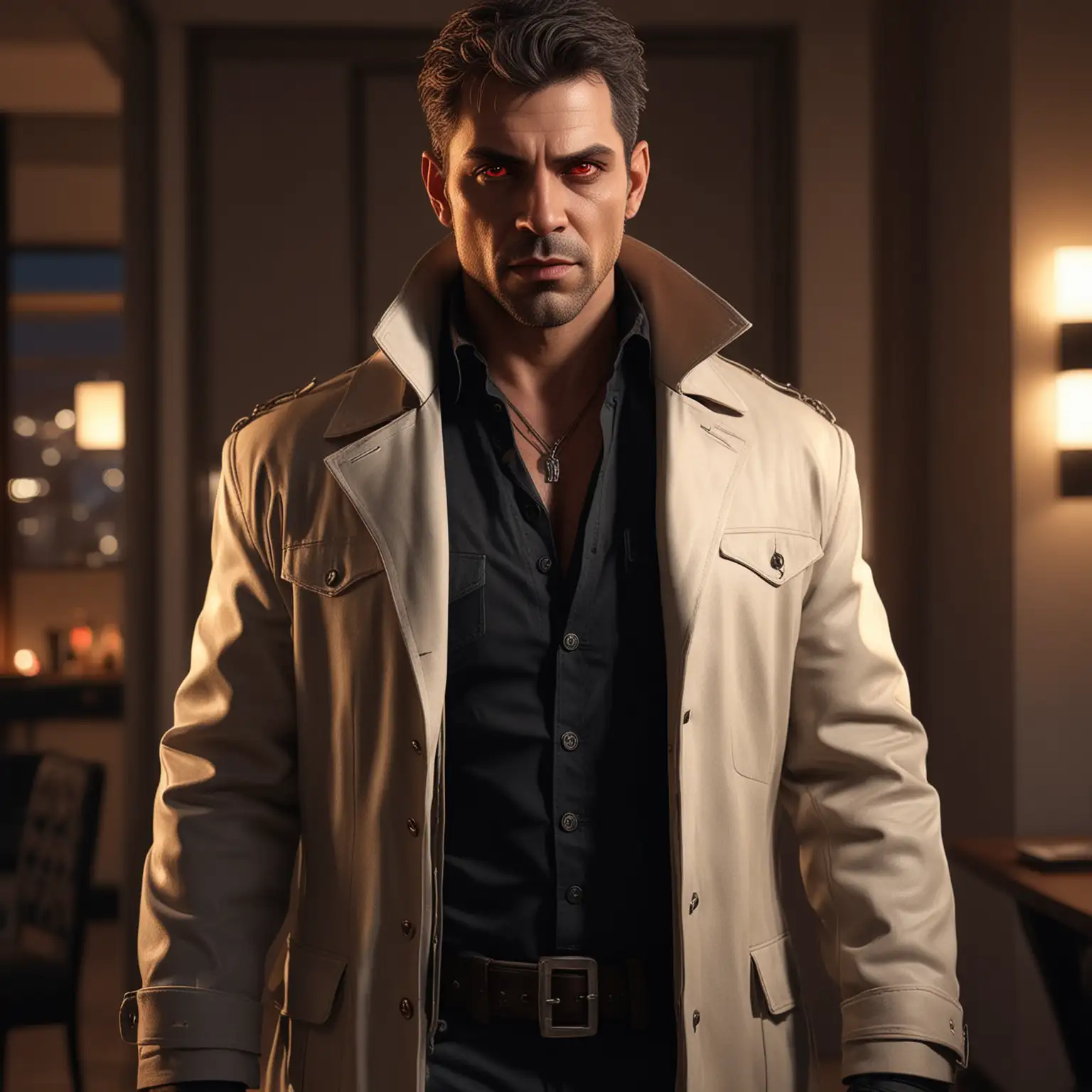 A male Lasombra vampire sheriff, short hair, 2 meters tall, strong build, wearing a long jacket, red glowing eyes, modern casual clothing, 40 years old, full body shot, inside a penthouse at night, realistic
