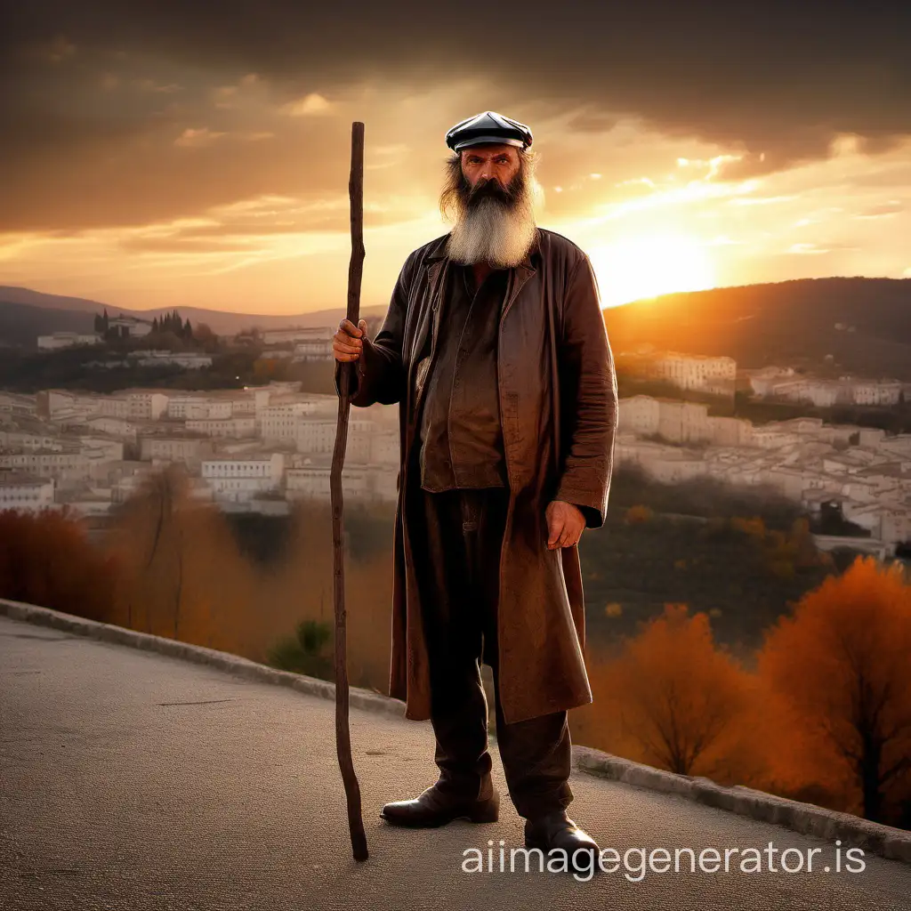 19th century, autumn, sunset, city of Digne, a man stands alone, he is sturdy, a long beard, about fifty years old and wears a leather visor cap, a shirt and holds in his hand a huge knotted stick,