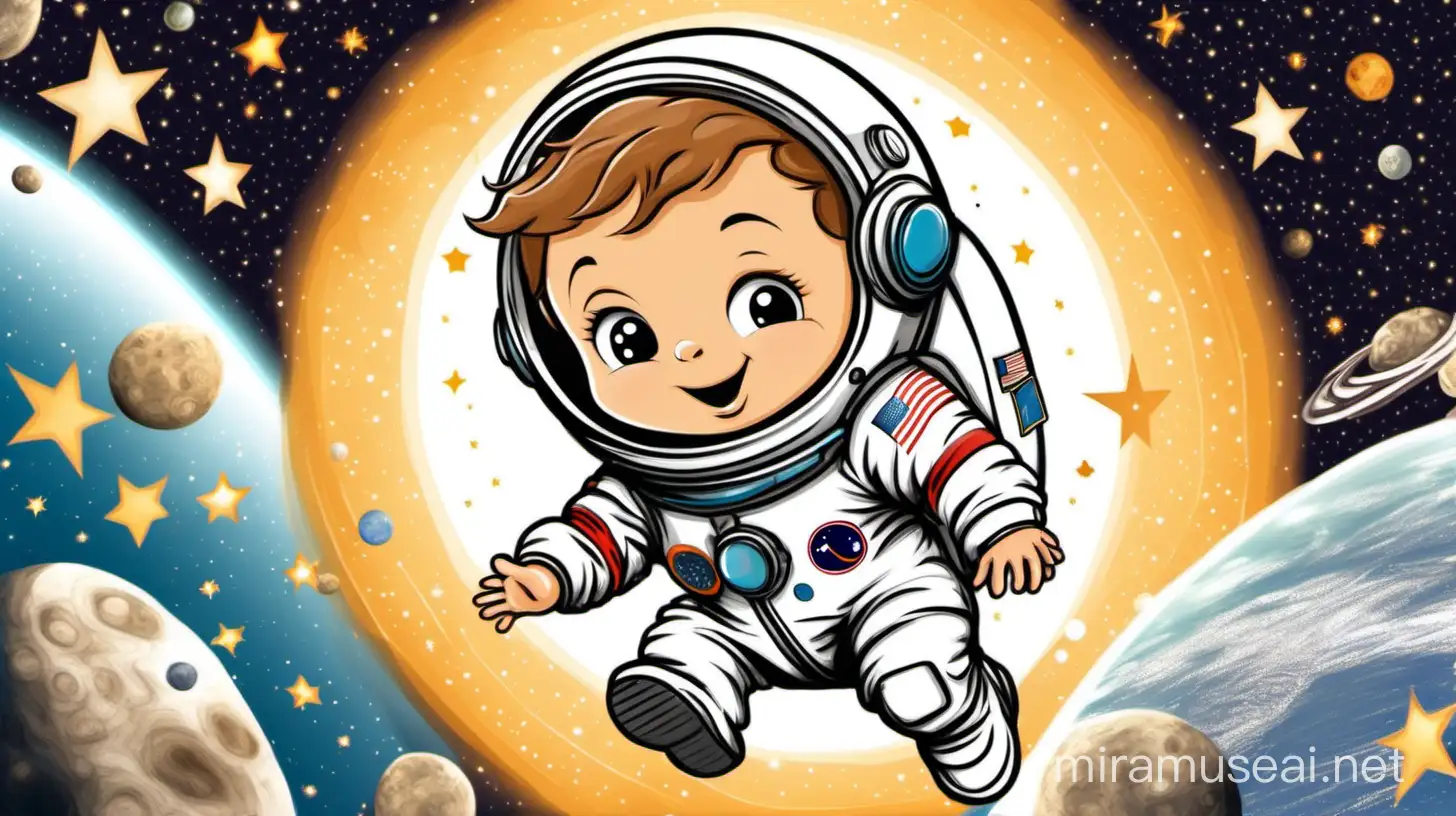 An animated baby boy with short light brown hair in an astronaut suit, he is floating around the sun, he has a flag with the number one on it, his name is Trip