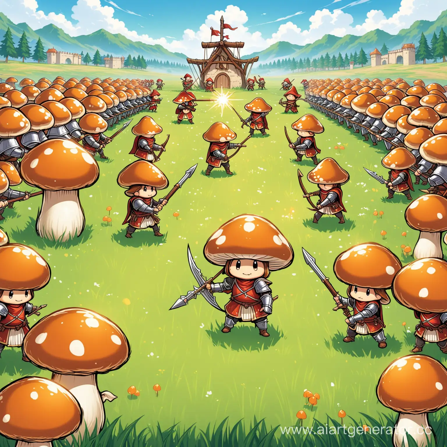 5-6 грибочков на фоне дерутся между собой они лучники маги воины арбалетчики рыцари, в центре стоит грибочек похожий на абрикос с луком
