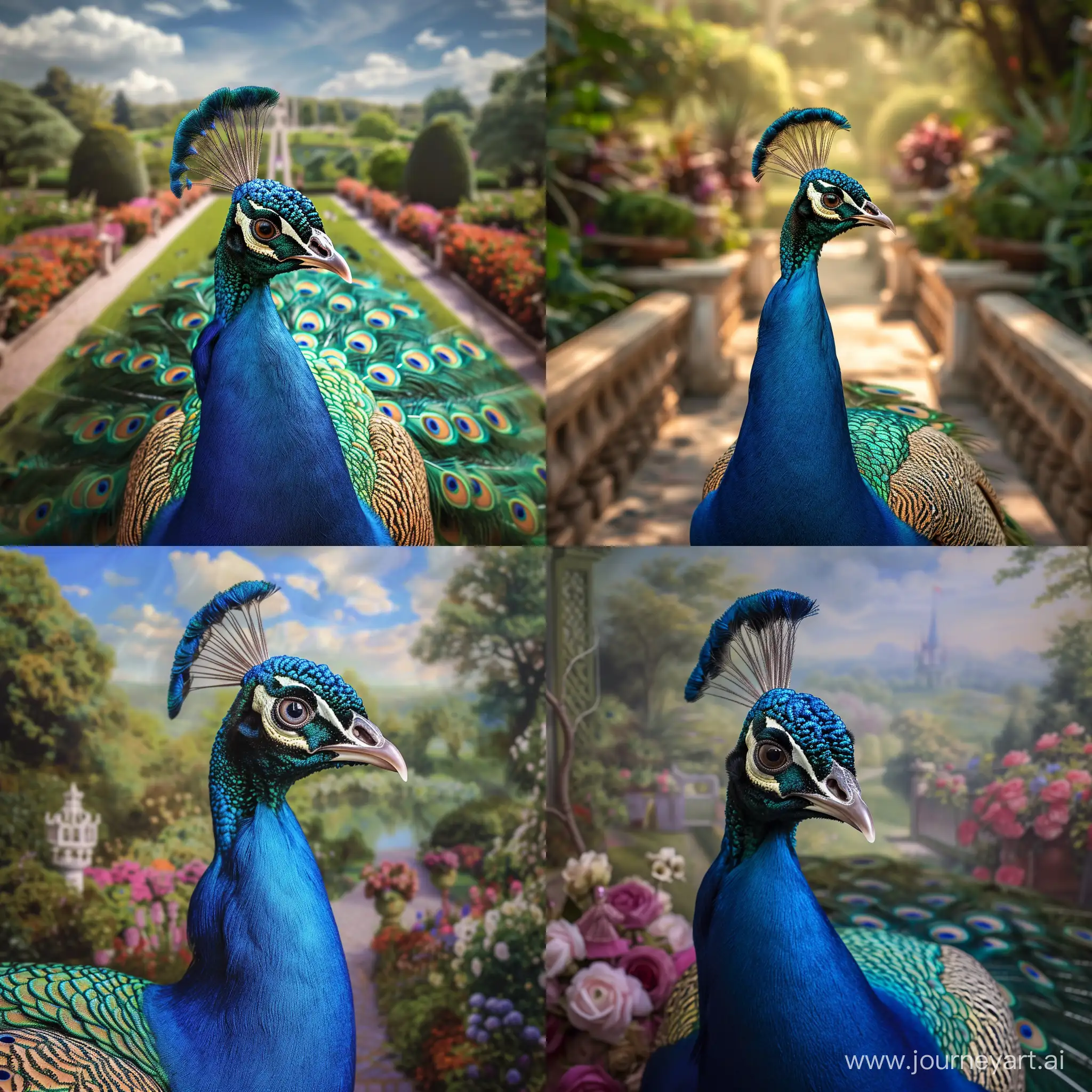Ultra realistic Peacock, focused Photo on peacock, epic fairytale garden seen behind