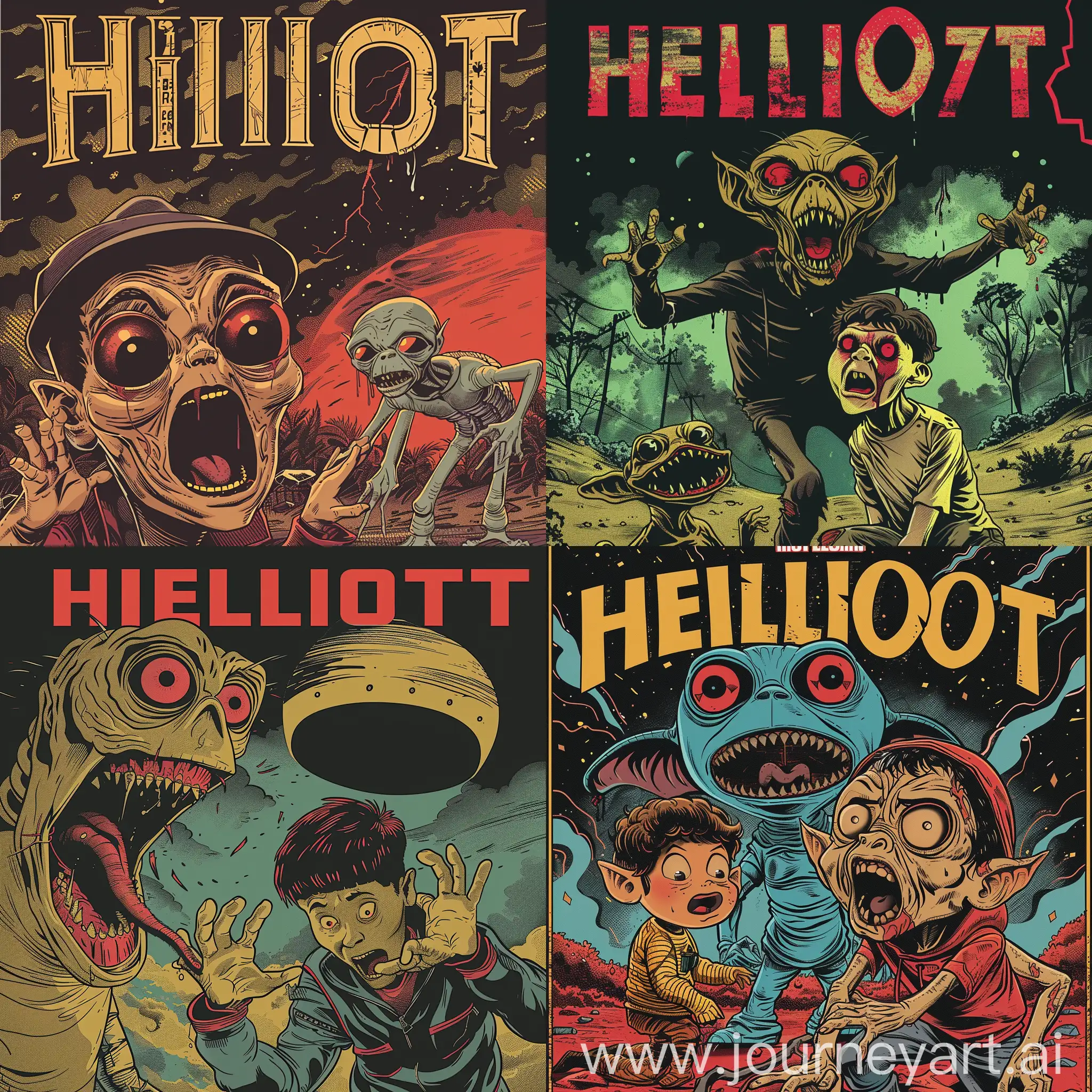 Comic book cover with the title Helliot, and the image of a demon Elliot and scared E.T.