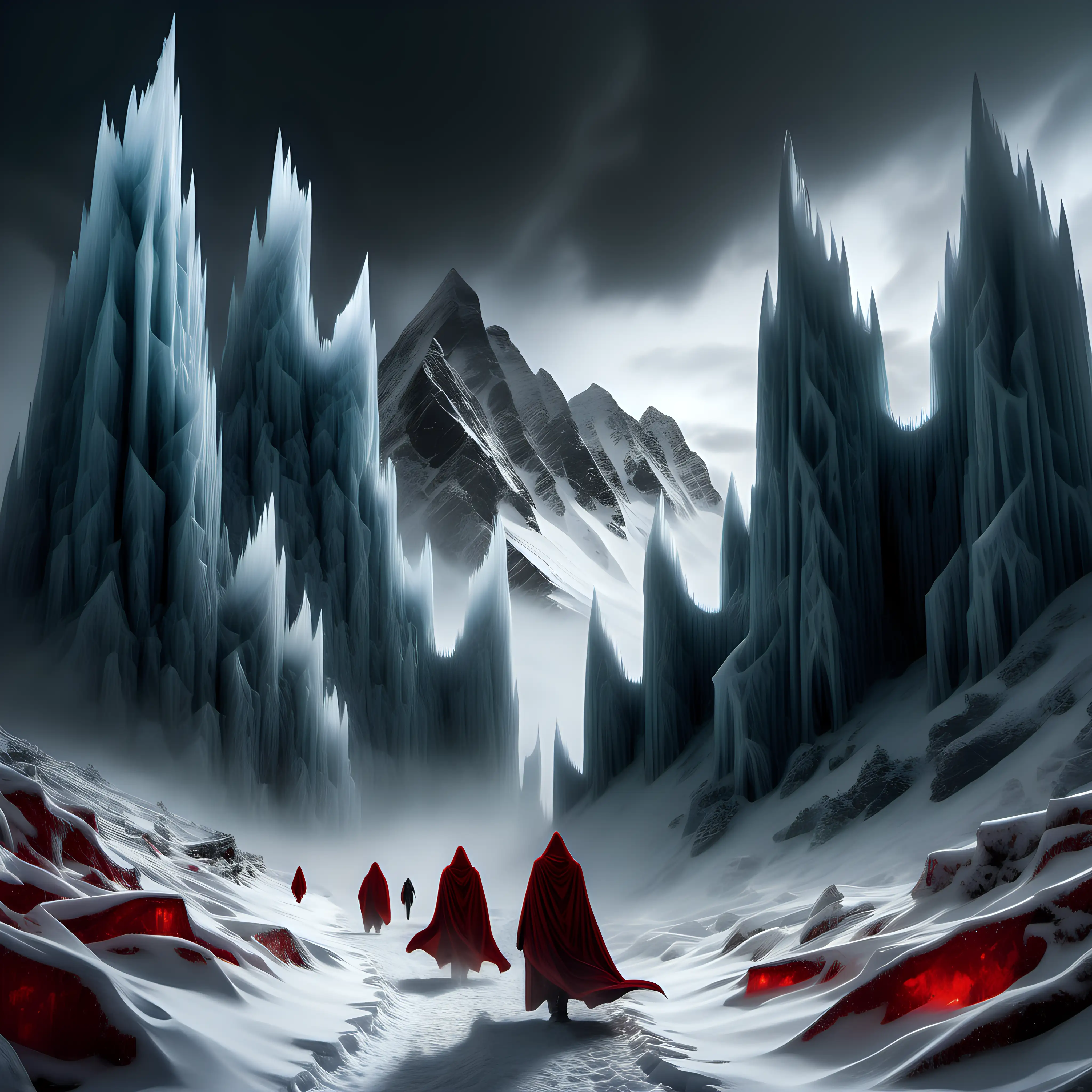 Immense, snowy mountains with shapes resembling ice castles in a snow storm and a dark cloaked figure, a red cloaked woman, a cloaked man without a hood, and a gray cloaked woman walking forward with their backs to us