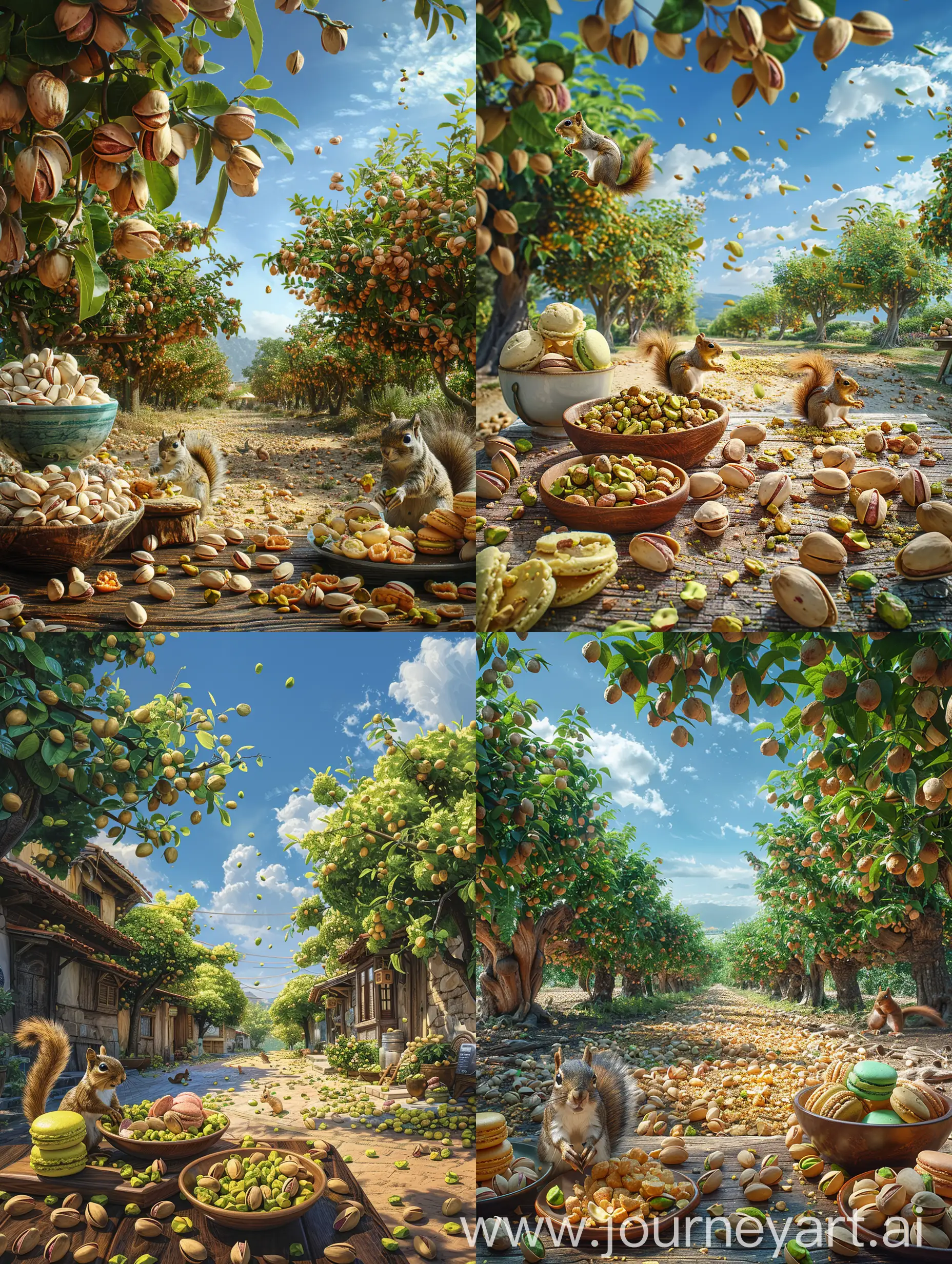 Create an image of a vibrant pistachio orchard under a clear blue sky, with the ground littered with ripe, cracked open pistachios. A few squirrels are playfully collecting the nuts. In the foreground, there is a rustic wooden table laden with various pistachio-based delicacies such as pistachio ice cream, pistachio macarons, and a bowl of shelled pistachios. --s 750