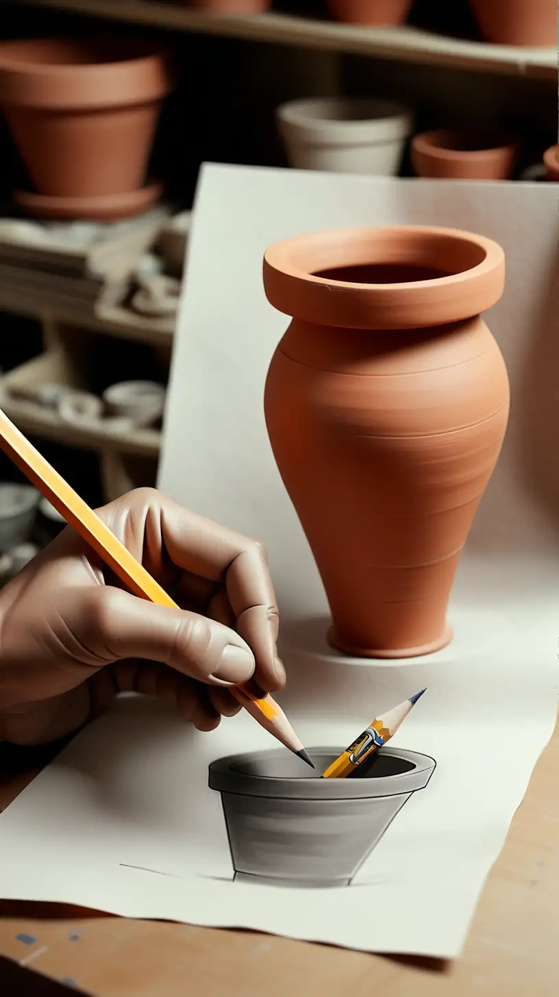 ARTIST DRAWING CLAY POT ON PAPER USING PENCIL 