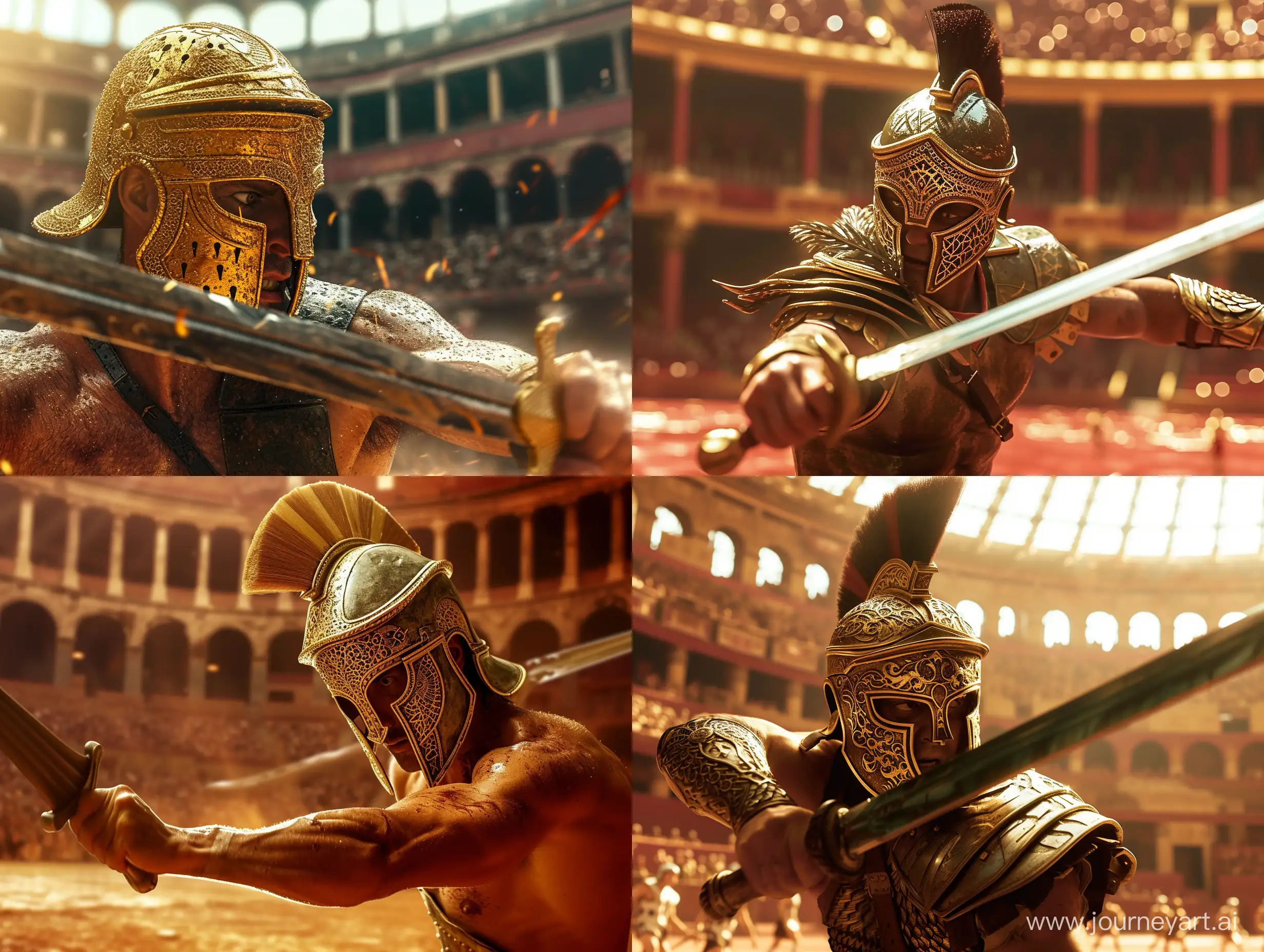 Create a high definition cinematic photo of a gladiator with a sword going into battle inside a coliseum. His helmet is golden filigree, covering his cheeks and nose like the classic spartan helmet.