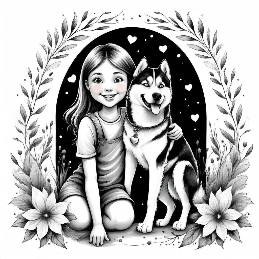 Whimsical Black and White Border Design Girl with Husky Dog on White Background